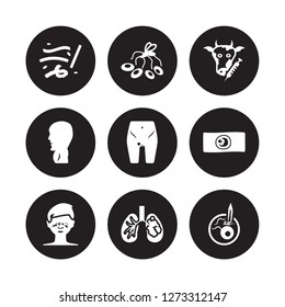 9 vector icon set : Lupus, Lung cancer, Leukemia, Lice, Limbtoosa, Loiasis, Listeriosis, Leptospirosis isolated on black background