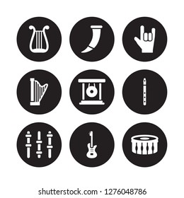 9 vector icon set : Lyre, Horn, Equalizer, Flute, Gong, Heavy metal, Harp, Electric guitar isolated on black background