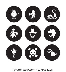 9 vector icon set : Magic mirror, Madre monte, Karakasakozou, Knight, Leprechaun, Loch ness monster, Little  riding hood, Jolly roger isolated on black background