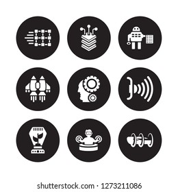 9 vector icon set : Match moving, Layers, Incubator, Infra, Intelligence, Laws of robotics, Jetpack, Immersive isolated on black background