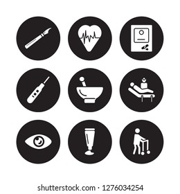 9 vector icon set : Medical result, Report, Book, medical Checklist, File, Mask, history, isolated on black background