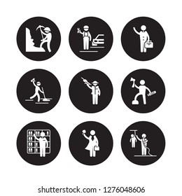 9 vector icon set : Miner, Mechanic, Librarian, Lumberjack, Mafia, Manager, Maid, Lawyer isolated on black background