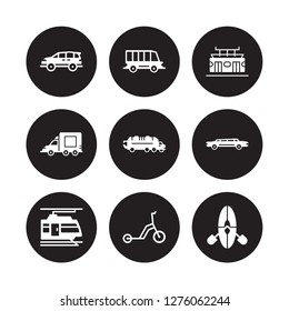 9 vector icon set : minivan, Minibus, light rail, Limousine, litter car, Metro, Lorry, Kick scooter isolated on black background