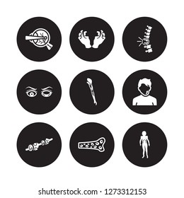 9 vector icon set : Mononucleosis, Migraine, Metastatic cancer, Methicillin-resistant Staphylococcus aureus (MRSA), Mí©niíÂre's disease isolated on black background