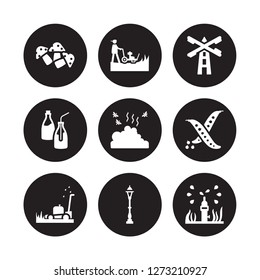 9 vector icon set : Mushroom, Mower, Lawn mower, Legume, Manure, Mill, Milk bottle, Lamppost isolated on black background