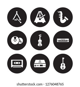 9 vector icon set : music Triangle, Metronome, Cassette, Keyboard, Violin, Saxophone, Cd, Amplifier isolated on black background