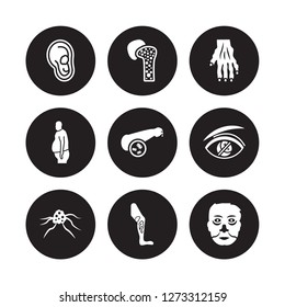 9 vector icon set : Myopia, Myoclonus, Multiple sclerosis, Mumps, Muscular dystrophy, Myelitis, Myasthenia gravis, myeloma isolated on black background