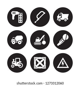 9 vector icon set : Nail gun, Hacksaw, Steamroller, Circular saw, Demolition, Tipper, Concrete, Joist isolated on black background