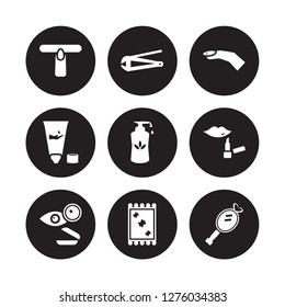 9 vector icon set : Nail file, clippers, Lens, Lip balm, Liquid soap, Nail, Moisturizer, Handkerchief isolated on black background