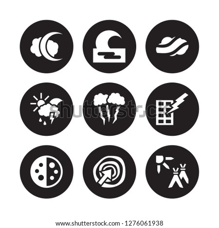 9 vector icon set : New moon, Moonrise, Last quarter, Light bolt, Lightning, Mist, meteorology, Isobars isolated on black background