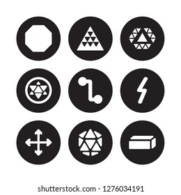 9 vector icon set : Octagon, Multiple triangles triangle, Intersection, Lightning bolt polygonal, Line segment, inside hexagon isolated on black background