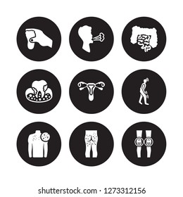 9 Vector Icon Set : Otitis, Osteoporosis, Neoplasm, Night Blindness, Non-gonococcal Urethritis, Osteoarthritis, Obesity, Necrotizing Fasciitis Isolated On Black Background