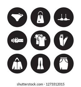 9 vector icon set : Panties, Hand bag, Hoodie, Jeans, Polo Shirt, Bra, Belt, Trousers isolated on black background