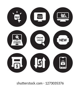 9 vector icon set : Pay per click, Pay, Moneybox, New, Online order, shopping, payment, Money transfer isolated on black background