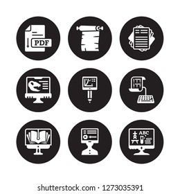 9 vector icon set : Pdf, Parchment, Online library, test, online training, Paper, Paleontology, learning isolated on black background