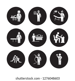 9 vector icon set : Pediatrician, Statistician, Wrestling, Writer, Software Developer, Orthodontist, Physician Assistant, Welder isolated on black background