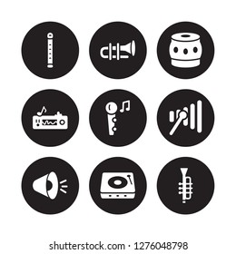 9 vector icon set : Pennywhistle, cornet, Volume, Xylophone, music, Percussion, melody, Turntable isolated on black background