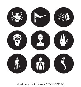 9 vector icon set : Pertussis, Peritonitis, Parasites äóñ Scabies, Paratyphoid fever, Parkinson's disease, Periodontal disease isolated on black background