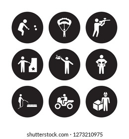 9 vector icon set : Petanque, Parachuting, Mushrooming, Newspaper readign, Origami, Paintball, Pachinko, Motorcycle riding isolated on black background