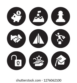 9 vector icon set : Piggybank, Peak, Open padlock, Overcome, Paper plane, Pawn, Partnership, New product isolated on black background