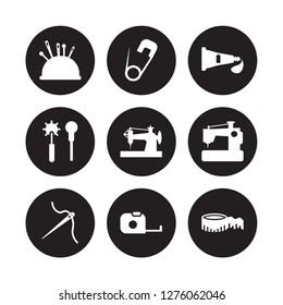 9 vector icon set : Pin cushion, Pin, Needle, New Sewing Machine, Old sewing machine, Paint tube, Overstitch, Measuring tape isolated on black background