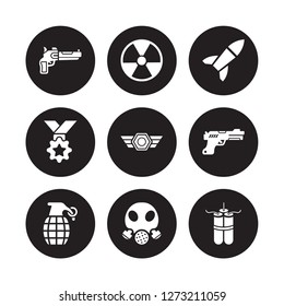 9 vector icon set : Pistol, Nuclear, Grenade, Gun, In, Missile, Medal, Gas mask isolated on black background