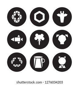9 vector icon set : Polygonal hexagonal, hexagon, diamond shape of small triangles, dog, elephant, giraffe isolated on black background