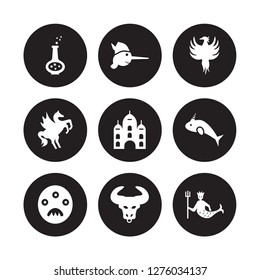 9 vector icon set : Potion, Pinocchio, Monster, Narwhal, Palace, Phoenix, Pegasus, Minotaur isolated on black background