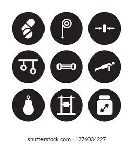 9 vector icon set : Press Simulator, Rope, Punching ball, Push up, Resistance band, Roller, Rings, Protein shake isolated on black background