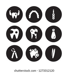 9 vector icon set : Prophylaxis, Lingual braces, Wisdom tooth, Apicoectomy, Bicuspid, Intraoral, Cavity, White teeth isolated on black background