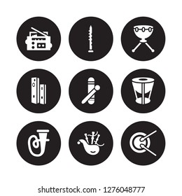 9 vector icon set : Radio cassette, Oboe, Tuba, Timpani, Clave, Kettledrum, Diapason, Bagpipes isolated on black background