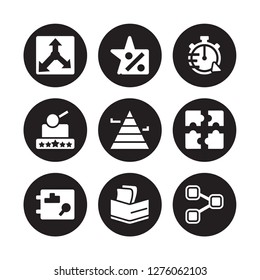9 vector icon set : Reaction, Rate, Project, Puzzle, Pyramid chart, Quick, Quality, Profits isolated on black background