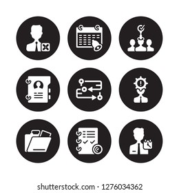 9 vector icon set : Remove user, Reminder, Portfolio, Problems, Process, Recruitment, Profiles, Planning isolated on black background