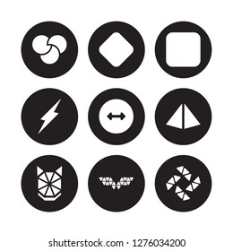 9 vector icon set : Rgb, Reflection, Polygonal wolf head, Prism, Radius, Rectangle, Ray, wings isolated on black background