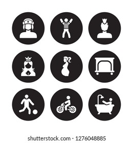 9 vector icon set : Russian man face, Referee man, Playing with a Ball, Playpen, pregnant, Punk Princess Person Biking isolated on black background