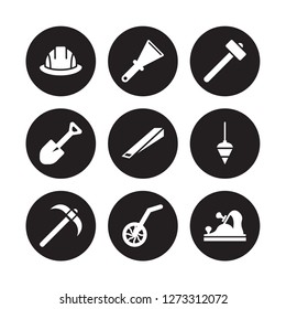 9 vector icon set : Safety helmet, Scratcher tool, Pick axe, Plumb bob, Wedge Sledge hammer, Spade Measuring wheel isolated on black background