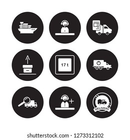 9 vector icon set : Sea ship with containers, Operator, Tracking, Delivery truck, weight limit, waybill, Unpacking, Support isolated on black background
