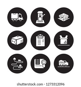 9 vector icon set : Shipping, Postbox, Moving, Open box, Order, Post office, Package, Guarantee isolated on black background