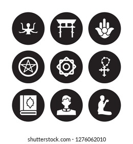 9 vector icon set : Shiva, Shinto, Quran, Rosary, Rub el Hizb, Semitic Neopaganism, Satanism, Priest isolated on black background