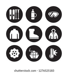 9 vector icon set : Ski Equiptment, Themos Flask, Winter tire, Anorak Vest, Snow Boot, Goggle, Turtleneck Sweater, lift isolated on black background