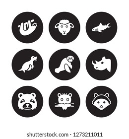 9 vector icon set : Sloth, Sheep, panda, Rhino, Sea cow, Shark, Seal, Rat isolated on black background