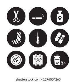 9 vector icon set : Smoking, Serum, Poisonous, Pregnancy test, Prescription, Scalpel, Pulse, Poison isolated on black background