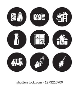 9 Vector Icon Set : Softener, Clothes Cleaning, Garbage Truck, Cleaning House, Window, Clean, Spray, Hand Wash Isolated On Black Background