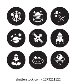 9 vector icon set : Solar system, Simulator, Rocket launch, ship, Satellite, Shooting star, Saturn, Relativity isolated on black background
