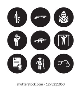 9 vector icon set : Soldiers and a weapon, Shotgun, Pledge, Pull up, Rifle, secret agent, Salute, Patriot isolated on black background