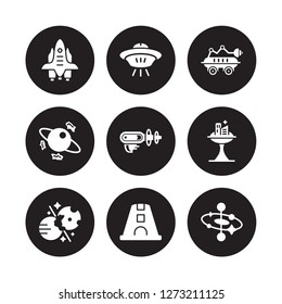 9 Vector Icon Set : Space Shuttle, Ship, Collision, Colony, Gun, Robot, Junk, Capsule Isolated On Black Background