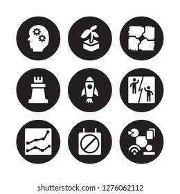 9 vector icon set : startup Head, Startup, Rise, Rivalry, Rocket, Solidarity, Rook, Restrict isolated on black background