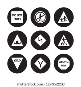 9 vector icon set : straight prohibitor no entry, pedestrian prohibited, Yield, Zebra crossing, Zig Zag, school ahead, hump or rough, Y intersection isolated on black background