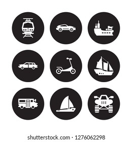 9 vector icon set : Subway, Sport car, School bus, schooner, Scooter, Ship, Sedan, Sailboat isolated on black background