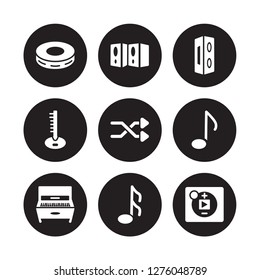 9 vector icon set : Tambourine, Speaker, Piano, Quaver, Shuffle, Sound system, Sitar, Musical Note isolated on black background